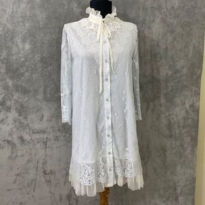 Chibi White Button Shirt Dress XS blue LS Lace Ruffle Coquette Victorian Dainty